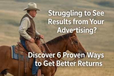 "Cowboy riding a bay horse across an open grassland with overlaid text that reads: 'Struggling to See Results from Your Advertising? Discover 6 Proven Ways to Get Better Returns.'"